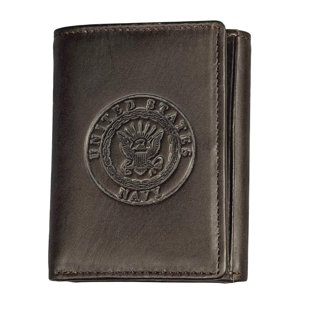 United States Navy Trifold Wallet Brown Genuine Calf Leather Embossed USN Logo